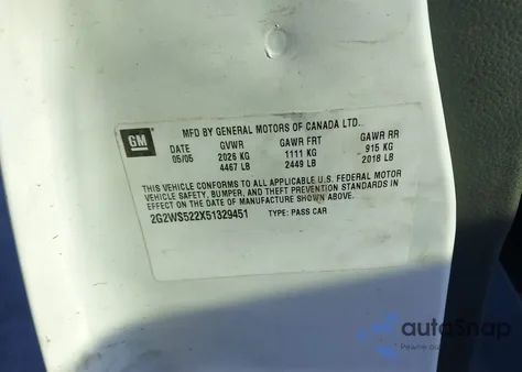 2005 Pontiac Grand Prix Gt z USA, uszkodzony, nr VIN 2G2WS522X51329451